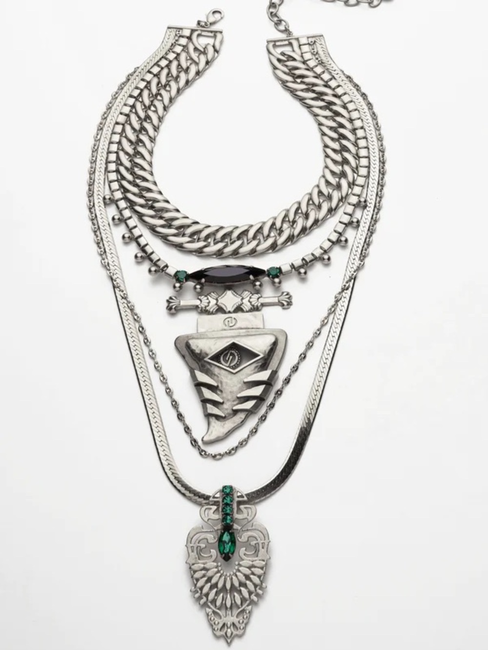 Dylanlex silver Talon Layered Silver Necklace with Green Stone Accents